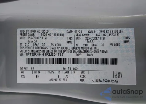 2024 Ford Ranger Xlt z USA, uszkodzony, nr VIN 1FTER4HH1RLE04787